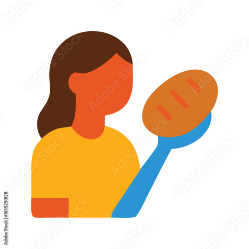 Woman with brown hair holding bread, suitable for bakery blogs, food magazines, recipe books, nutrition articles, and cooking websites.