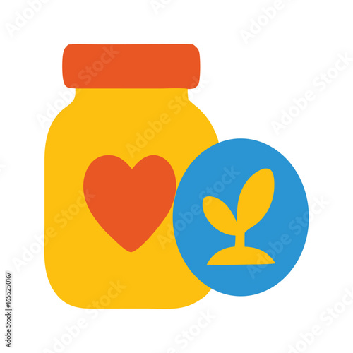 Medicine bottle with heart plant icon in circle perfect for healthcare branding, medical websites, pharmaceutical products, and healthrelated designs.