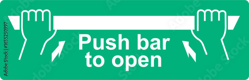 Green and white vector graphic of a Push bar to open sign. Showing how to open a fire door