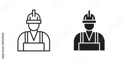 Construction Worker Icons in Line and Solid Styles, Isolated on White Background