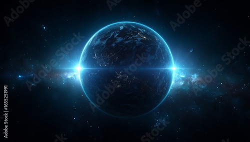 A blue Earth with glowing lights on it, centered in the frame against a black background, surrounded by stars and space, in a cinematic style