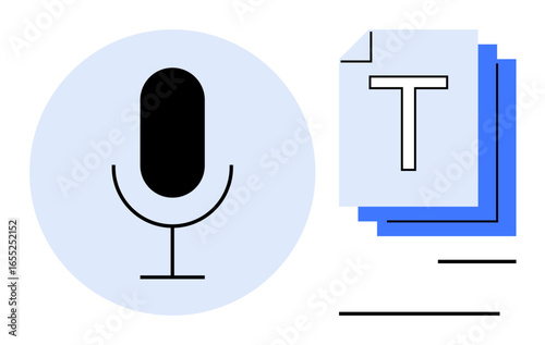 Microphone icon beside stacked documents representing transcription, audio-to-text tools, dictation, and digital communication. Ideal for technology, productivity, accessibility, communication