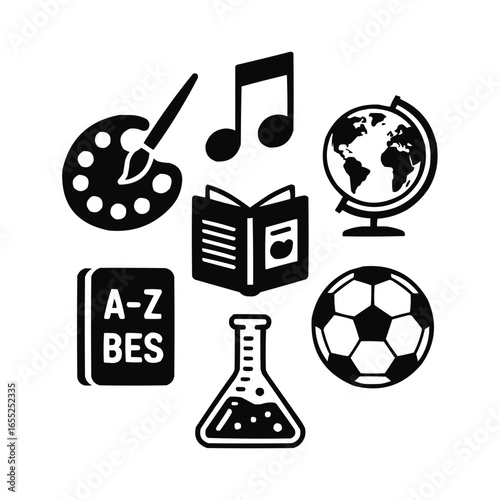 Global Education Arts, Science, Sports, and Literacy Icons in Bold Black Style