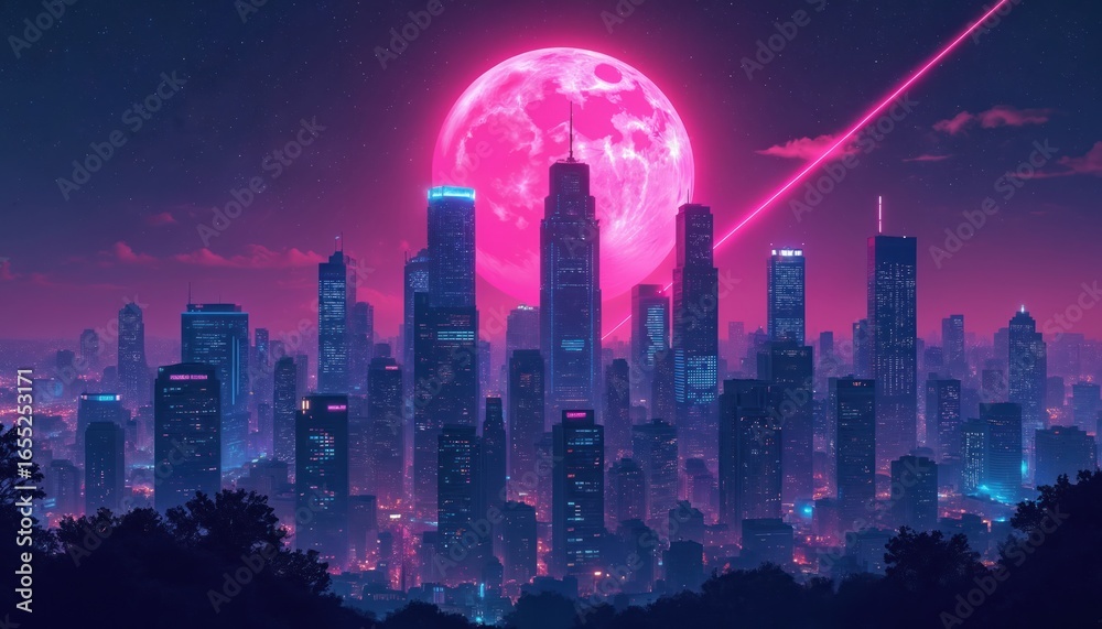 Fototapeta premium Vibrant cityscape silhouette with illuminated skyscrapers under starry night sky, large pink moon. Features futuristic pink laser beam cutting across sky. Illustration captures modern urban landscape