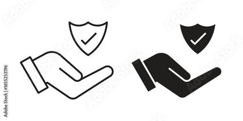 Hand Holding Shield Icon in Two Styles Isolated on White Background