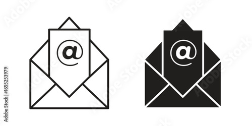 Email Icons in Open Envelope with At Symbol Isolated on White Background