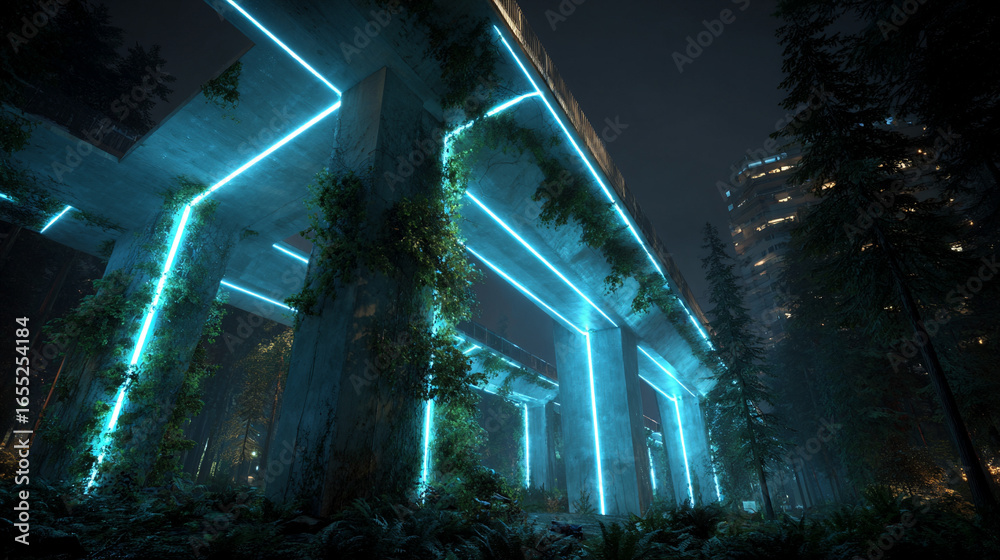 Obraz premium Urban landscape blending with forest, beams of light shining through trees, symbolizing connection between city and nature, harmony, sustainability, and modern environmental vision.