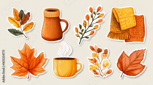 Set of bright cozy autumn stickers on neutral white background. Detailed elements. Holiday season illustration. AI generation