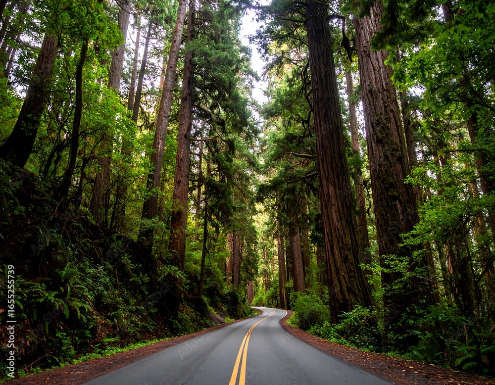 Fototapeta premium Winding road through tall redwood forest