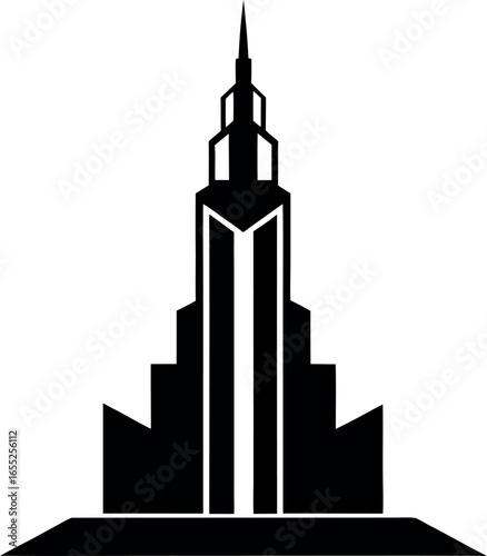 Stylized Skyscraper Silhouette with Symmetrical Tiers and Pointed Spire