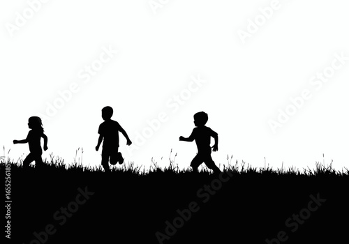 Children running silhouettes across a grassy field on a bright day with a white sky