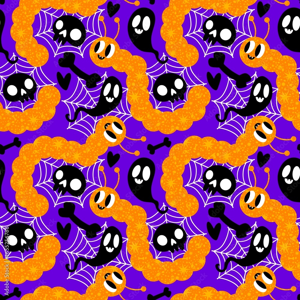 Fototapeta premium Halloween candy seamless jelly worms pattern for wrapping paper and fabrics