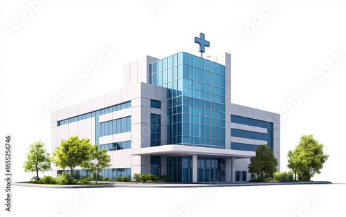High resolution image of a modern hospital building with emergency entrance and medical facilities isolated on white background PNG