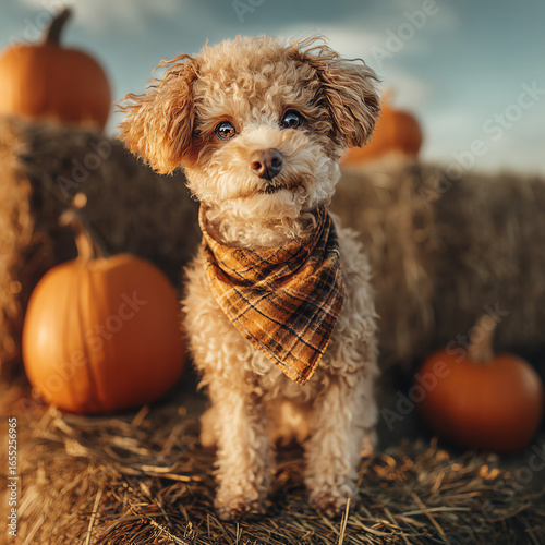 Miniature Poodle on Hay Bale with Pumpkins