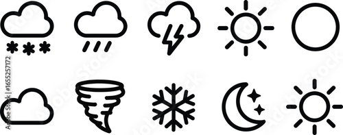 Weather forecast icons set sun moon cloud rain snow tornado lightning snowflake climate vector line art silhouette
