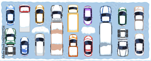 Top view of cars covered with snow in winter vector illustration