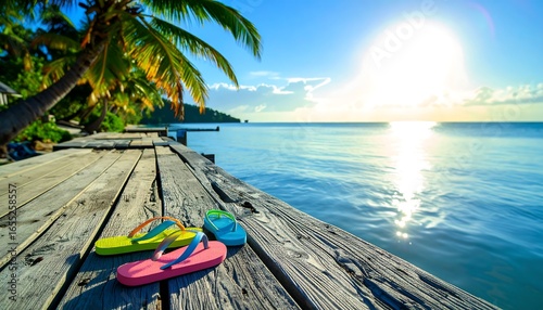 Colorful flip-flops rest on a weathered wooden dock, overlooking a tranquil ocean bathed in the warm glow of a beautiful sunrise or sunset.