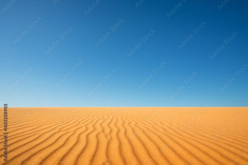 Fototapeta premium Rippled golden sand dunes extend towards the horizon beneath a vibrant, cloudless blue sky, creating a serene and minimalist desert landscape