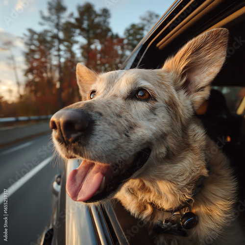 Joyful Dog Riding in Car with Head Out Window