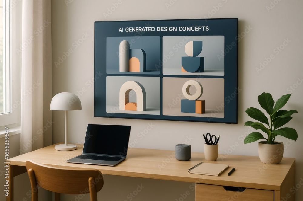 Fototapeta premium Modern workspace featuring a large monitor displaying AI generated design concepts, highlighting the integration of technology and creativity in a home office setting