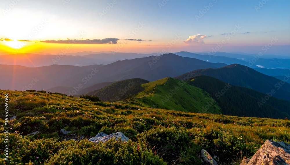 Naklejka premium A panoramic view of rolling hills and mountains at sunset, showcasing a vibrant blend of colors and textures.