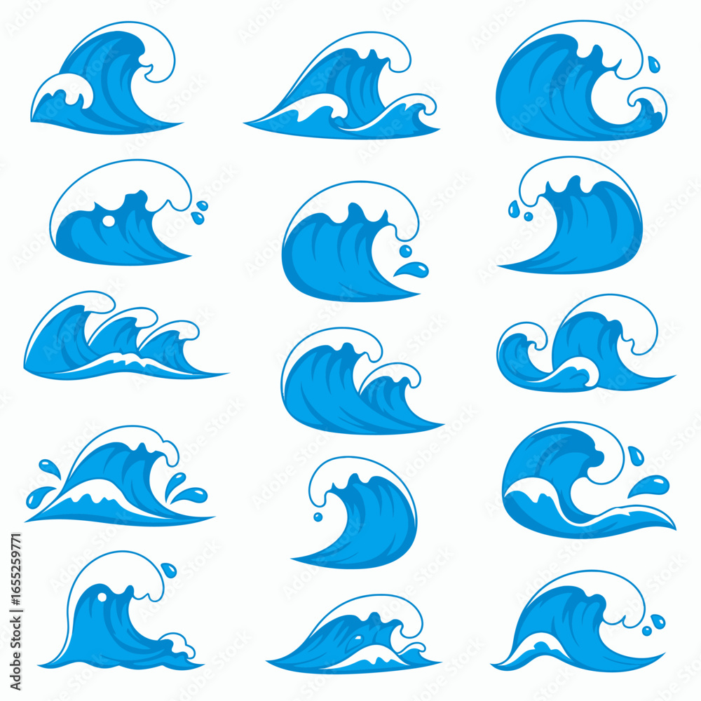 Fototapeta premium Dynamic Ocean Waves Collection Showcasing Various Forms and Movements in Detailed Illustrations Perfect for Aquatic Themes and Coastal Designs