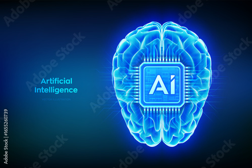 AI chip integrated into the brain. Artificial intelligence in the human brain. Digital brain. Machine Learning. Digital mind. Neural networks. Artificial Intelligence technology. Vector illustration.