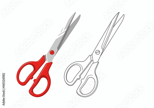 A Realistic Depiction of Red Handled Scissors Next to a Simple Line Drawing of a Pair of Scissors Illustrating Their Essential Design and Functionality for Cutting Tasks in Various Settings