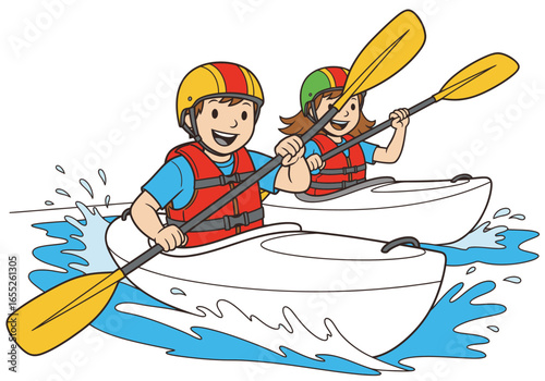 Two Happy Children Wearing Helmets and Life Jackets Enjoying Kayaking on a Sunny Day Splashing Water with Paddles