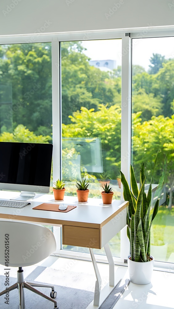 Fototapeta premium Modern Office Space with Abundant Natural Light and Lush Greenery