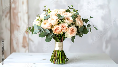 Beautiful bouquet of pastel roses and eucalyptus.
