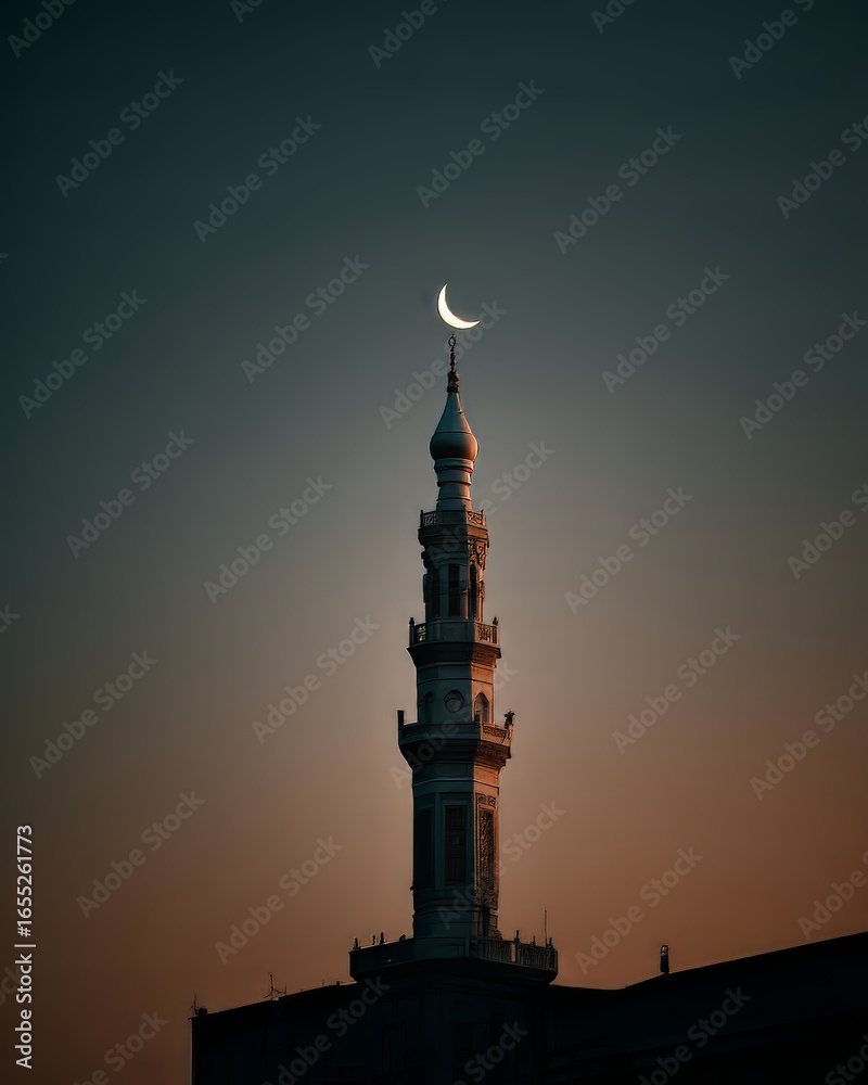 Obraz premium A Serene Image of an Islamic Mosque’s Minaret Rising Against Sunset with a Crescent Moon