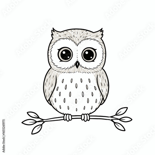 A Charming Hand Drawn Illustration of an Adorable Baby Owl Perched on a Twig with Gentle Eyes and Fluffy Feathers