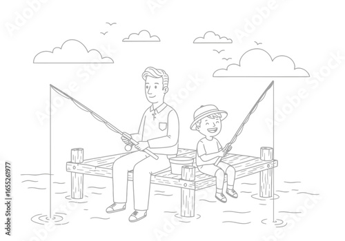 A father and his young son enjoy a peaceful afternoon fishing together on a wooden dock surrounded by water under a cloudy sky