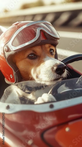 Adventurous dog driving a vintage race car with goggles and helmet
