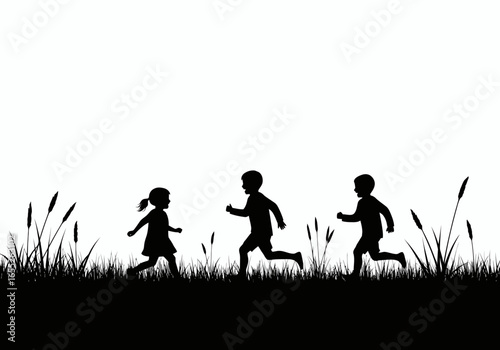 Children silhouettes running and playing in a grassy field on a bright sunny day outdoors with a clear white sky above creating a joyful scene of active childhood fun and energetic exploration
