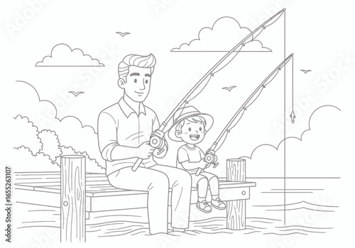 A father and son happily fishing together on a wooden dock on a sunny day with clouds and birds in the sky enjoying a peaceful outdoor activity