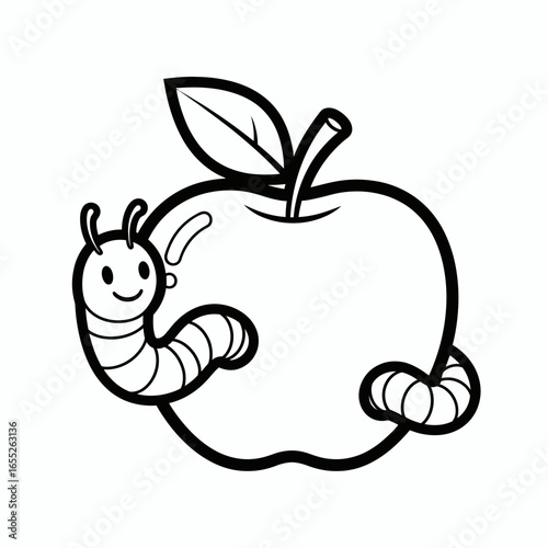 A Cute Cartoon Worm Enjoying a Delicious Big Apple on a Sunny Day Symbolizing Growth and Nature's Bounty
