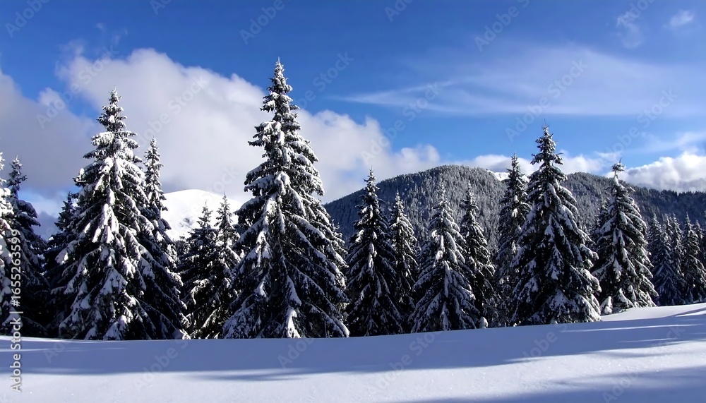 Fototapeta premium Snowy landscape with towering pine trees against a backdrop of a snow-capped mountain range under a bright blue sky.