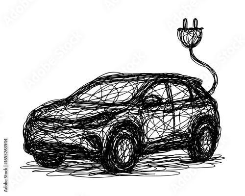 Abstract sketch of an electric car with a charging plug. Hand-drawn representation of eco-friendly transportation.
