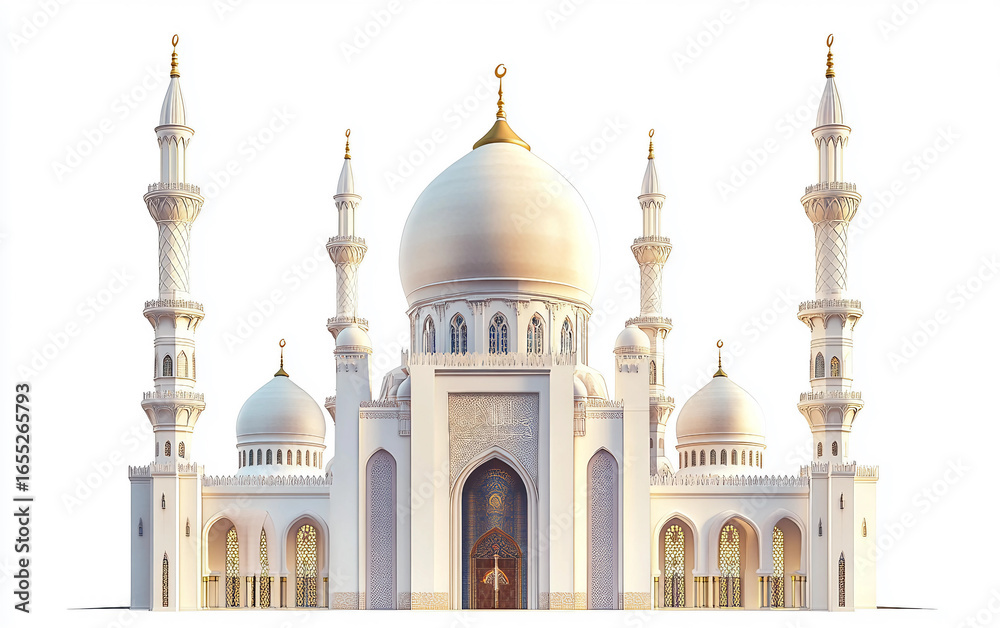 Obraz premium Mosque building with domes and minarets showcasing Islamic architecture and traditional design isolated on white background PNG