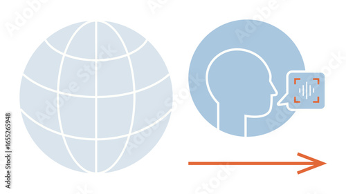 Globe and head profile with speech recognition visual, symbolizing technology, global networks, and AI. Ideal for technology, AI innovation, global communication, machine learning, networking speech
