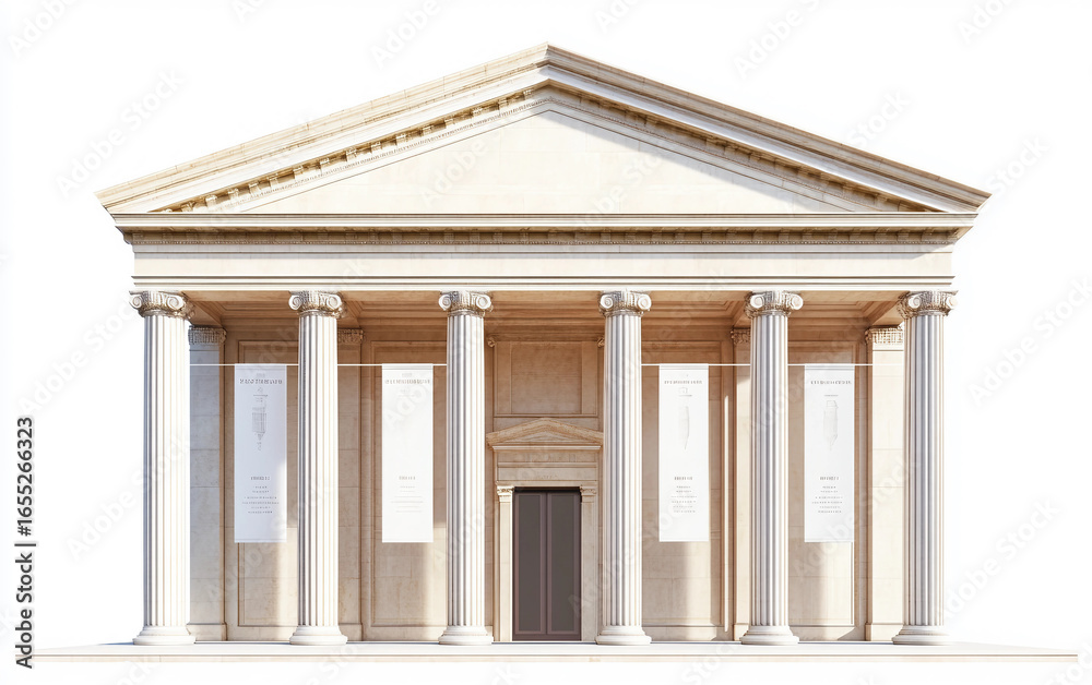 Obraz premium Museum building with columns and banners showcasing classical architecture and cultural design isolated on white background PNG