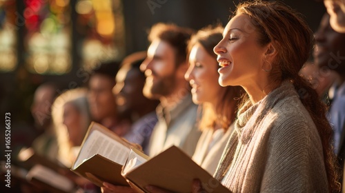 Diverse Church Choir Singing with Joy, Holding Hymn Book