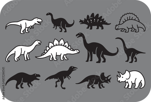 Collection of stylized dinosaur silhouettes in black and white showcasing various prehistoric creatures for educational and decorative purposes