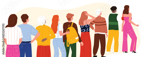 Group of diverse young adults standing in a queue from behind, waiting in line for event, service, or entrance, modern casual clothing, teamwork concept, isolated on white background vector