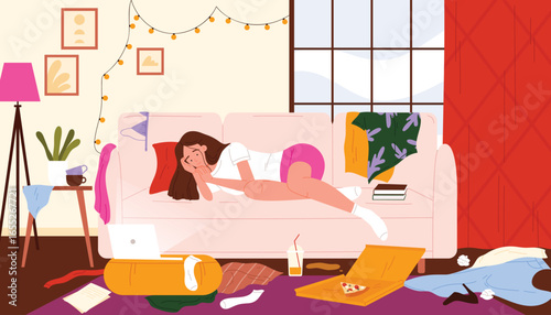 Lazy unmotivated woman lying on sofa with mess in disorganized home interior, procrastination psychological problem. Apathetic girl eating pizza in dirty living room cartoon vector illustration