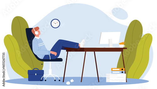 Young man procrastinating at work with feet on desk wearing headphones ignoring tasks and time management concept for workplace distraction and productivity issues vector illustration