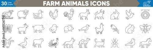 Farm animals line icons set. Including outline symbols for agriculture, farming, cow, dog, bull, goat, horse and more. Vector illustration