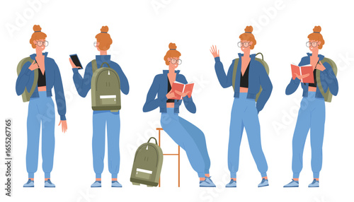 Young female student in casual clothes with glasses backpack and book in multiple standing and sitting pose, perfect for education learning or school projects isolated on white background vector